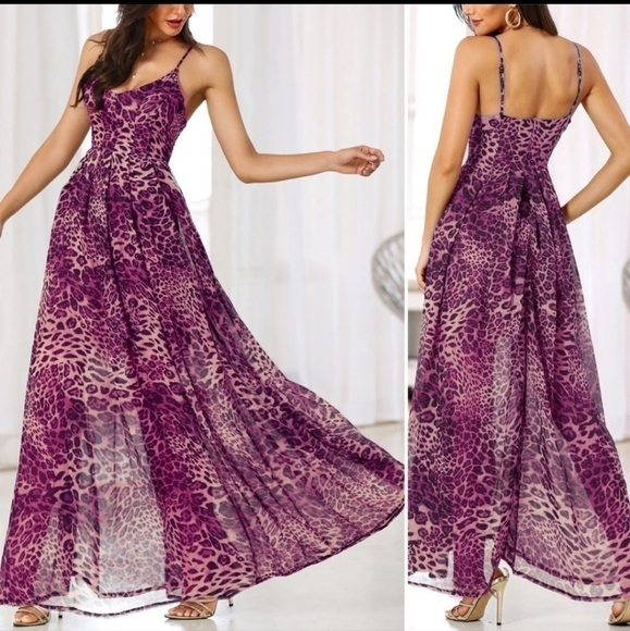 Beautiful Pink Purple and Black Leopard Print Chiffon Maxi Dress - Picture 9 of 13